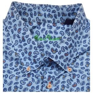 Alan Flusser Short Sleeve Button Up Shirt 2XL Blue Micro Paisley 100% Cotton